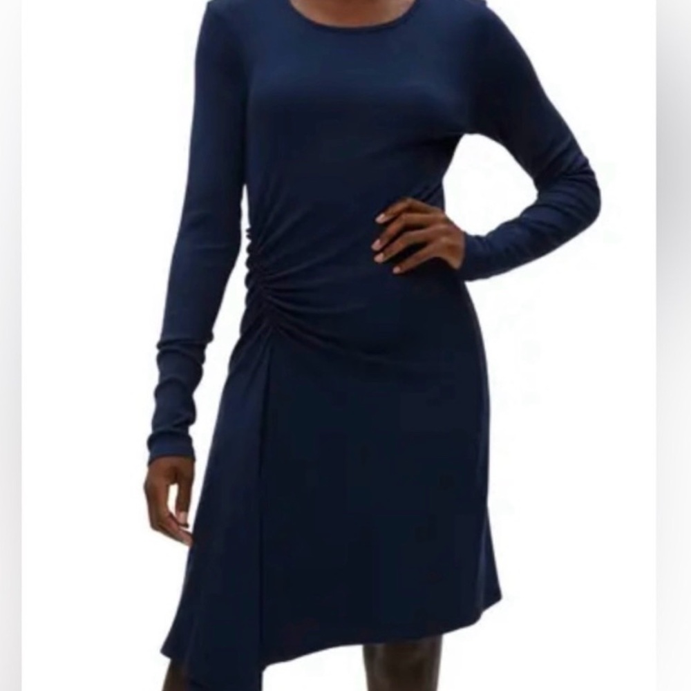 Michael Stars Fine Ribbed Knit Dress Ruched Gathered Waist Navy Blue Sz S NWT - Picture 3 of 4